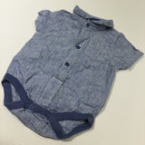 Blue & White Cotton Shirt Style Short Sleeve Bodysuit - Boys 0-3 Months