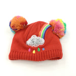 Rainbow & Cloud Embroidered Fleece Lined Red Knitted Bobble Hat - Girls 1-3 Years