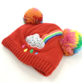 Rainbow & Cloud Embroidered Fleece Lined Red Knitted Bobble Hat - Girls 1-3 Years