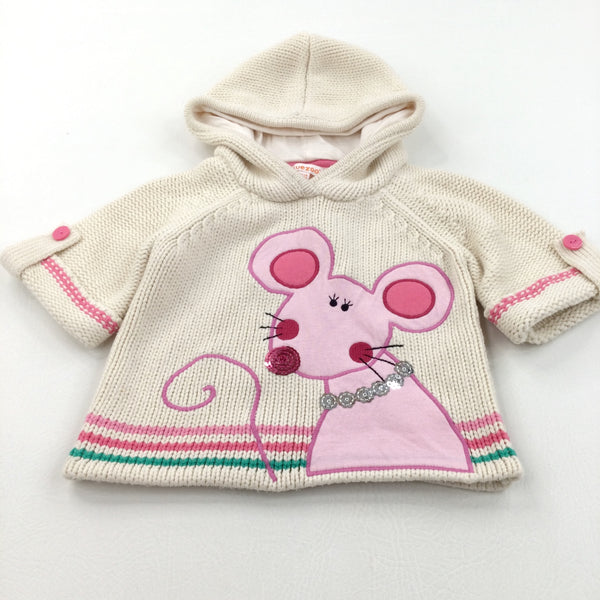 Mouse Appliqued Cream & Pink Knitted Hoodie Jumper - Girls 12-18 Months