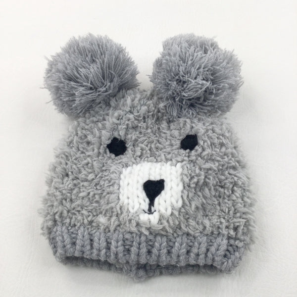 Bear Face Grey Knitted Hat with Bobble Ears - Girls 6-9 Months