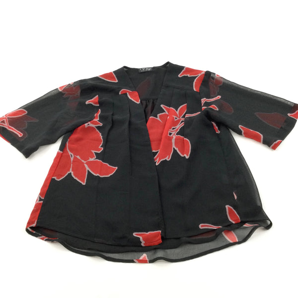 Flowers Red & Black Sheer Wrap Around Polyester Cardigan - Girls 10 Years