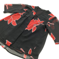 Flowers Red & Black Sheer Wrap Around Polyester Cardigan - Girls 10 Years