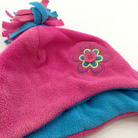 Flower Appliqued Pink & Blue Fleece Hat - Girls 1-3 Years