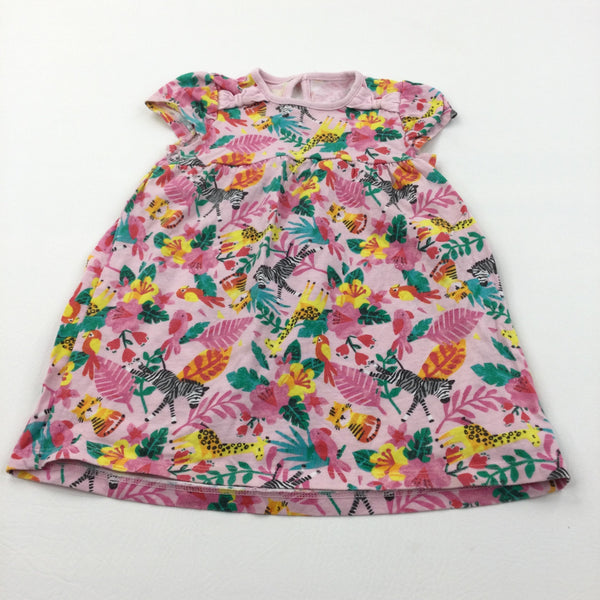 Animals & Flowers Colourful Pink Jersey Dress - Girls 12-18 Months