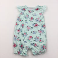 Flowers Pink & Blue Lightweight Romper with Broderie Sleeves - Girls 12-18 Months