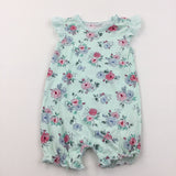 Flowers Pink & Blue Lightweight Romper with Broderie Sleeves - Girls 12-18 Months