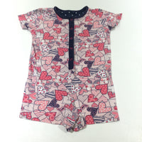Hearts Pink & Navy Jersey Playsuit - Girls 5-6 Years