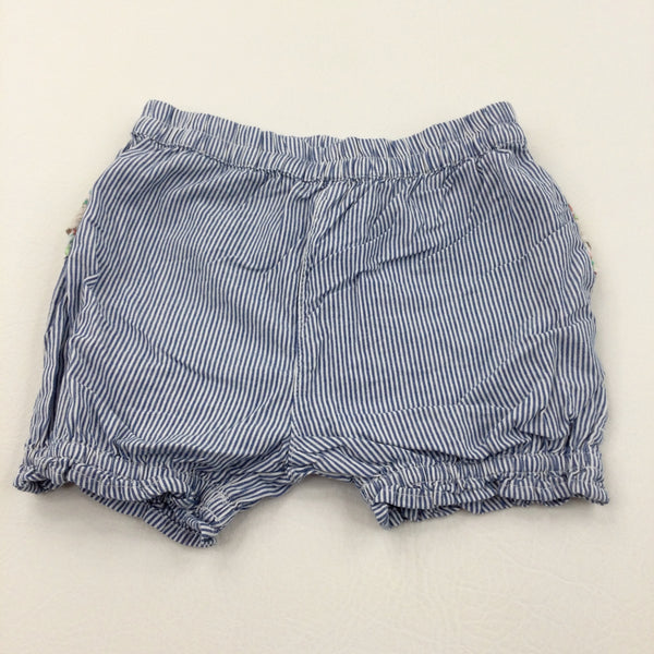 Frill Detail (On Back) Blue & White Striped Lightweight Cotton Shorts - Girls 12-18 Months