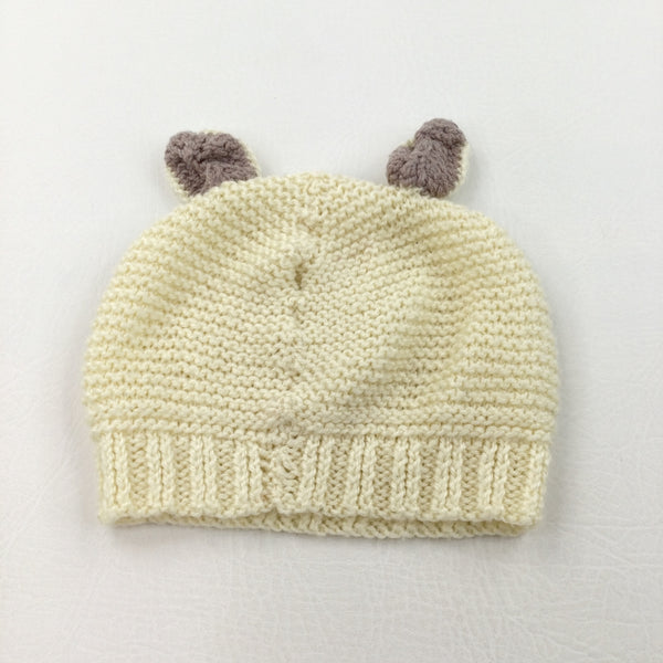 Cream & Brown Handknitted Hat with Ears - Girls 18 Months-3 Years