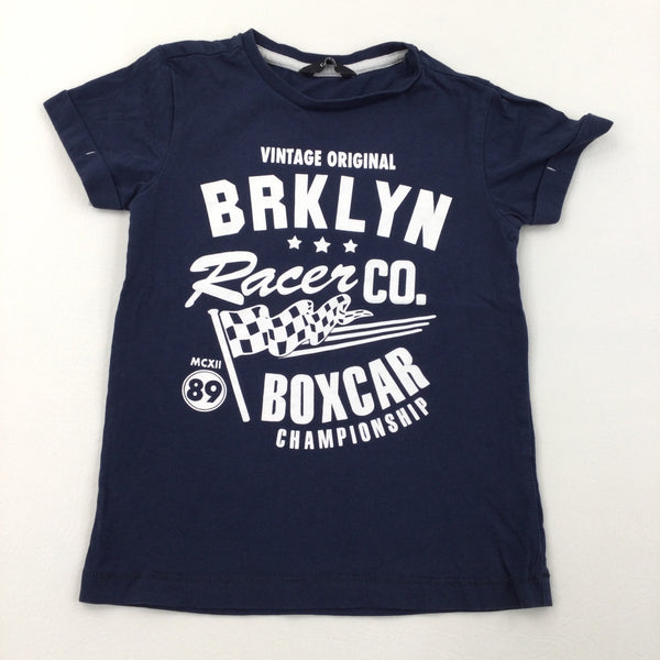 Navy T-Shirt with White Print - Boys 5-6 Years