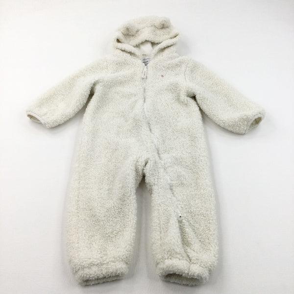 'Happy' White Jersey Lined Fluffy Fleece Onesie with Hood - Girls 18-24 Months