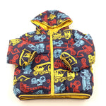 Reversible Colourful Construction Vehicles Navy, Yellow, Red & Blue Padded Coat with Hood - Boys 2-3 Years