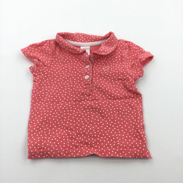 Heart Motif Spotty Coral Pink Polo Shirt - Girls 4-6 Months