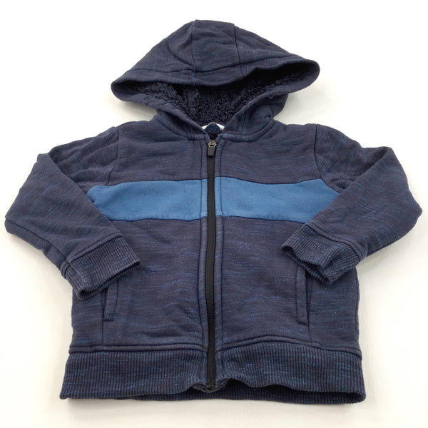 Navy & Blue Fleece Lined Zip Up Hoodie Sweatshirt - Boys 2-3 Years