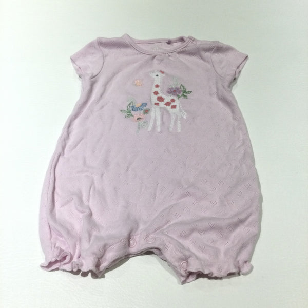 Giraffe & Flowers Embroidered Pink Short Sleeved Jersey Romper - Girls 3-6 Months