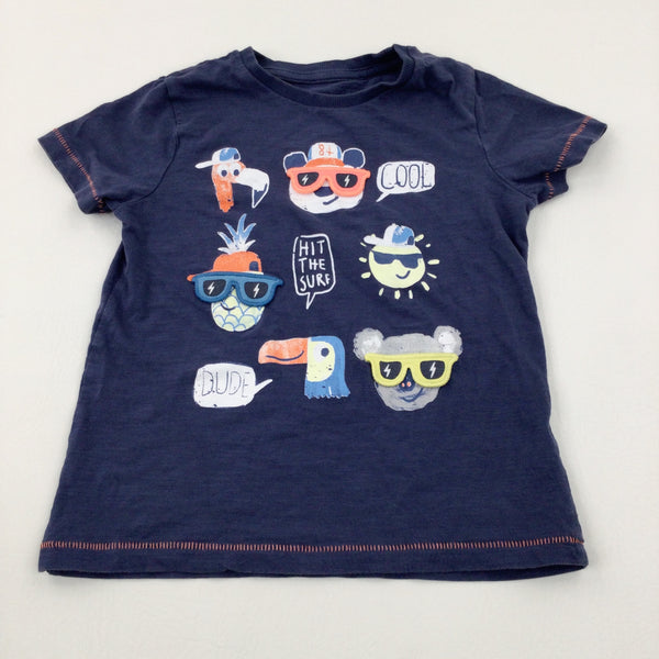 'Cool, Hit The Surf, Dude' Sunglasses Appliqued Blue T-Shirt - Boys 3-4 Years
