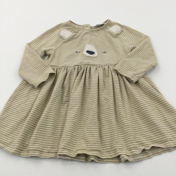 Bear Face Appliqued Green & Beige Striped Jersey Dress - Girls 12-18 Months