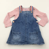 Rainbow Straps Mid Blue Denim Dress & Red & White Striped Long Sleeve Bodysuit Set - Girls 12-18 Months