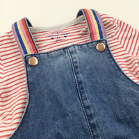 Rainbow Straps Mid Blue Denim Dress & Red & White Striped Long Sleeve Bodysuit Set - Girls 12-18 Months