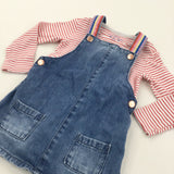 Rainbow Straps Mid Blue Denim Dress & Red & White Striped Long Sleeve Bodysuit Set - Girls 12-18 Months