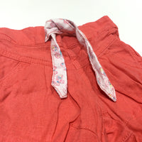 Coral Pink Linen Cropped Trousers with Fabric Belt - Girls 3-6 Months