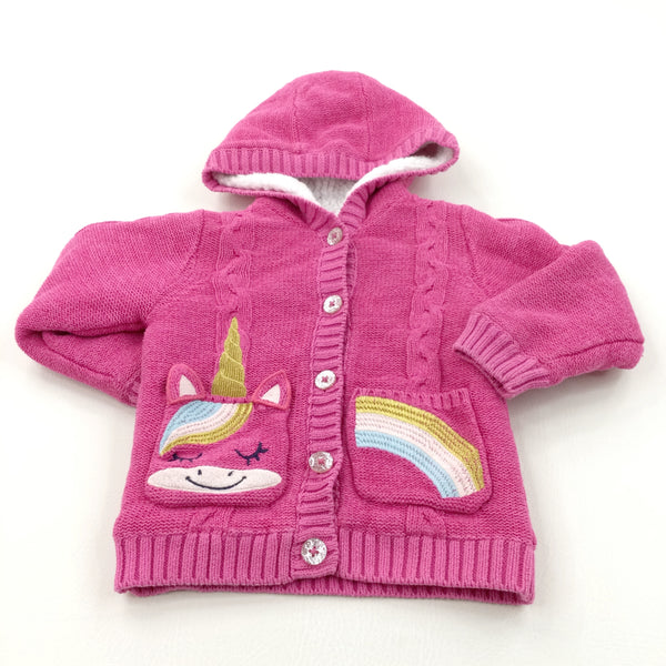 Unicorn & Rainbow Pockets Pink Fleece Lined Knitted Hoodie Jumper/Jacket - Girls 2-3 Years