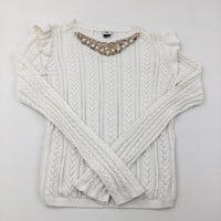 Beaded Neck White Jumper - Girls 11-12 Years