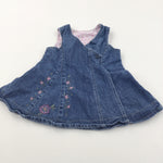 Flowers Embroidered Mid Blue Denim Wrap Around Dress - Girls 18-24 Months