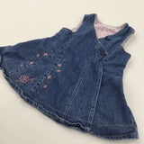 Flowers Embroidered Mid Blue Denim Wrap Around Dress - Girls 18-24 Months