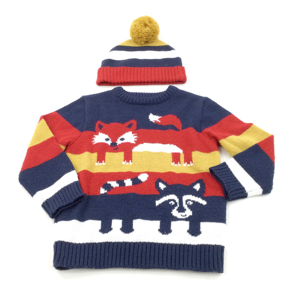 Raccoon & Fox Red, Yellow & Navy Knitted Jumper & Bobble Hat Set - Boys 3-4 Years