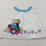 Frozen Anna & Elsa Flowers Embroidered Blue & White Cotton Blouse - Girls 4 Years