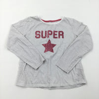 'Super' Grey & White Stripe Long Sleeve Top - Girls 7-8 Years