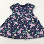 Unicorns & Flowers Pink, Navy & Yellow Lightweight Jersey Dress - Girls 2-3 Years