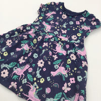 Unicorns & Flowers Pink, Navy & Yellow Lightweight Jersey Dress - Girls 2-3 Years