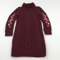 **NEW** Flowers Embroidered Burgundy Roll Neck Jumper Dress - Girls 8 Years