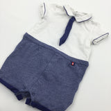 Mock Outfit with Tie Navy & White Short Jersey Romper - Boys 12-18 Months