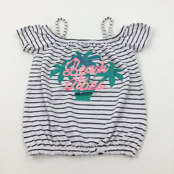 'Beach Vibes' Glittery White Striped T-Shirt - Girls 9-10 Years