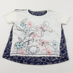Flowers & Butterflies Embroidered Navy & Cream T-Shirt - Girls 8-9 Years