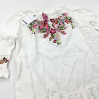 **NEW** Flowers Embroidered White Cotton Blouse - Girls 8 Years