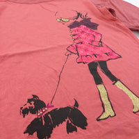Beaded Girl & Dog Coral Pink Half Sleeve Top - Girls 8-9 Years