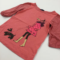 Beaded Girl & Dog Coral Pink Half Sleeve Top - Girls 8-9 Years