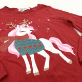 Glittery Unicorn Red Knitted Christmas Jumper - Girls 2-4 Years