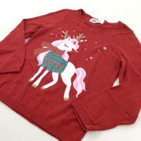 Glittery Unicorn Red Knitted Christmas Jumper - Girls 2-4 Years