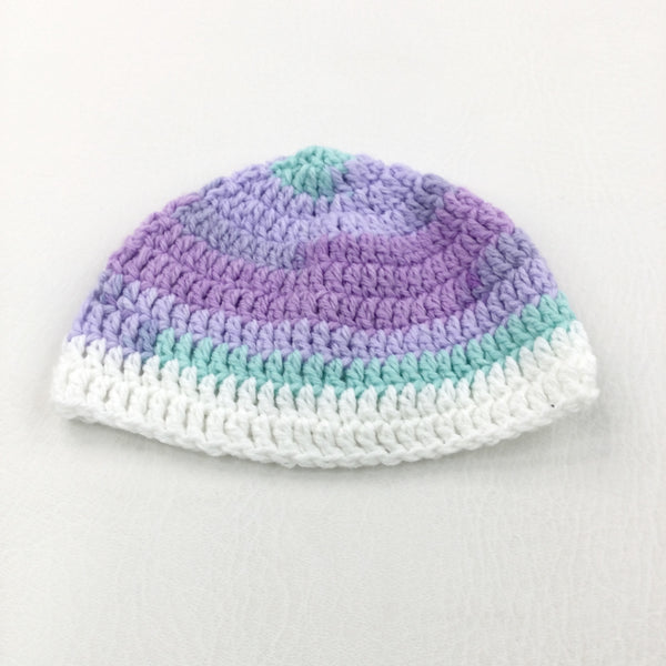 White, Blue & Purple Handknitted Hat - Boys/Girls Newborn