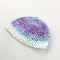 White, Blue & Purple Handknitted Hat - Boys/Girls Newborn