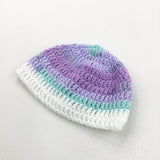 White, Blue & Purple Handknitted Hat - Boys/Girls Newborn