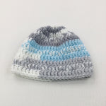 White, Blue & Grey Handknitted Hat - Boys/Girls Newborn