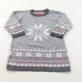 Glittery Snowflake Grey & Pink Knitted Christmas Dress - Girls 12-18 Months