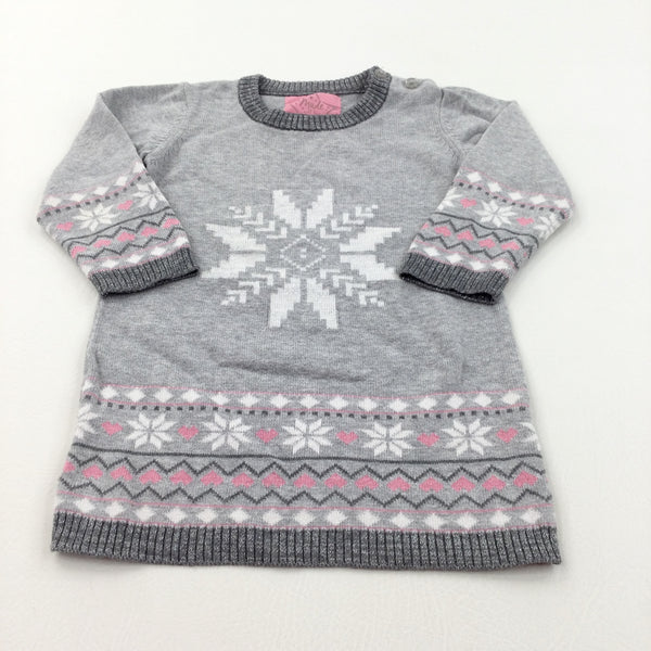 Glittery Snowflake Grey & Pink Knitted Christmas Dress - Girls 12-18 Months